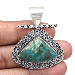 Silver Gemstone Jewelry Chrysocolla 2.25" Pendant Handmade Sterling - Picture 1 of 10