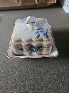 Vtg "Old Foley" James Kent Blue Countryside Small Covered Butter Dish Square - Picture 1 of 6
