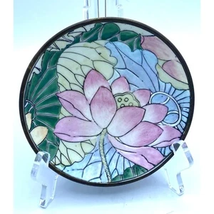 Tazón de baratija de flores de loto Cloisonne latón con monturas y espalda plato - Imagen 1 de 5