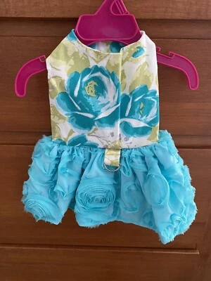 Stunning XS Custom Made Blue Floral Puppy/Dog Harness Dress - Image 1 of 2