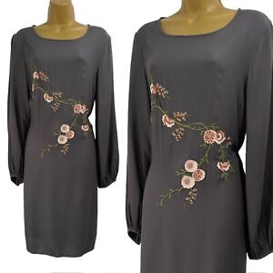 Per Una Tunic Dress Women Size 12 Grey Floral Embroidered Long Sleeve Beaded