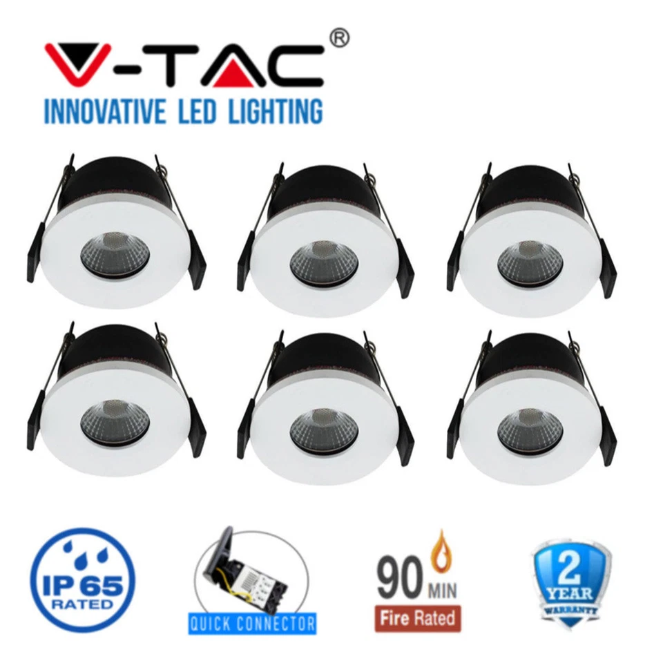 LED Fire Rated Downlight White 7W IP65 Daylight V-TAC Dimmable X 6 - Image 1 of 1