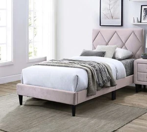 Twin Size Bed w Adjustable Headboard 1pc Bedframe, Light Pink Velvet Upholstered - Picture 1 of 9
