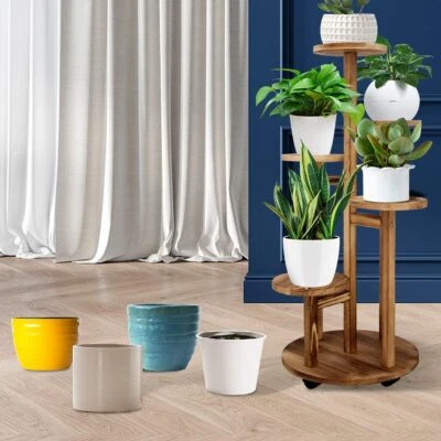 Estante interior con soporte para plantas de madera de 5 niveles con ruedas estante para flores múltiple para esquinas Foto 1 de 4