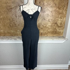 NWT Abercrombie & Fitch Jumpsuit Medium Wide Leg Smocked Preppy Navy Blue Linen - Picture 1 of 15