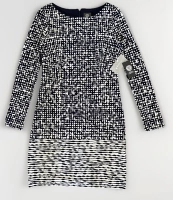 Vince Camuto Sz 4 Navy & White Print Lined Long Sleeve Sheath Dress Stretch NWT - Image 1 of 4