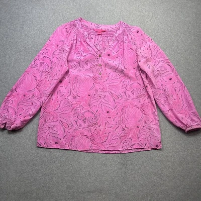 Top Lilly Pulitzer Elsa Mujer Medio Rosa Seda Boho Campesino Estampado Floral Foto 1 de 4