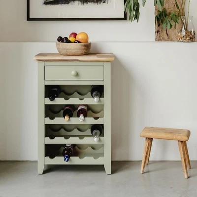 Sage Green Wine Rack Side Cabinet with Drawer | Holds 16 Bottles | Solid Wood - Image 1 of 4