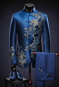 Imperial Azure Bandhgala Suit with Metallic Embroidery and Satin Regal Detailing - Picture 1 of 5