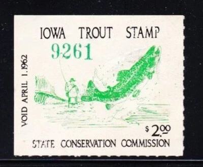Sello de pesca de trucha de agua dulce de Iowa 1961 de $2 sin firmar NG Foto 1 de 2
