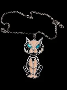 Vtg Silver Tone Cat Pendant & Necklace Green Eyes - Picture 1 of 5
