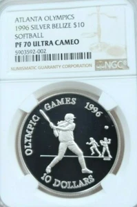 1996 BELIZE SILVER 10 DOLLARS SOFTBALL NGC PF 70 ULTRA CAMEO PERFECTION POP 1 - Picture 1 of 3