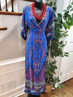 Flying Tomato Women's Blue Rayon V-Neck 3/4 Sleeve Long Maxi Dress Size Small - Image 1 of 4
