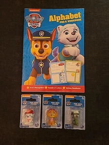 Nickelodeon Paw Patrol Paw Mini Figure Lot of 3 with Alphabet Pre-K Workbook - Picture 1 of 2