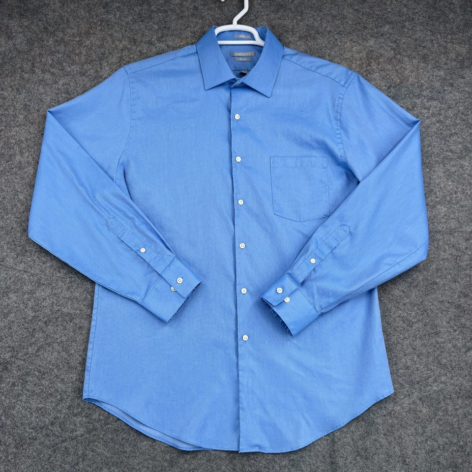 Рубашка мужская Van Heusen на пуговицах 16,5 34/35 синяя приталенная пике с длинным рукавом деловая - Изображение 1 из 4