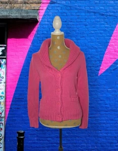MODA INTERNATIONAL Wool Blend Sweater BRIGHT Pink Knit BUTTON UP Cardigan MED - Picture 1 of 9