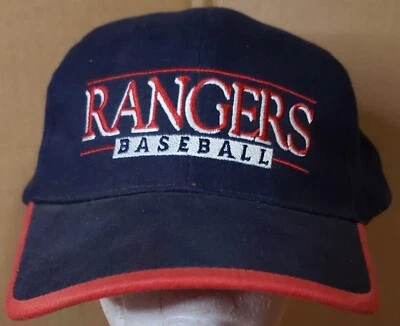Gorra de béisbol patrocinada por la FINA Texas Rangers azul marino y rojo usada  Foto 1 de 4