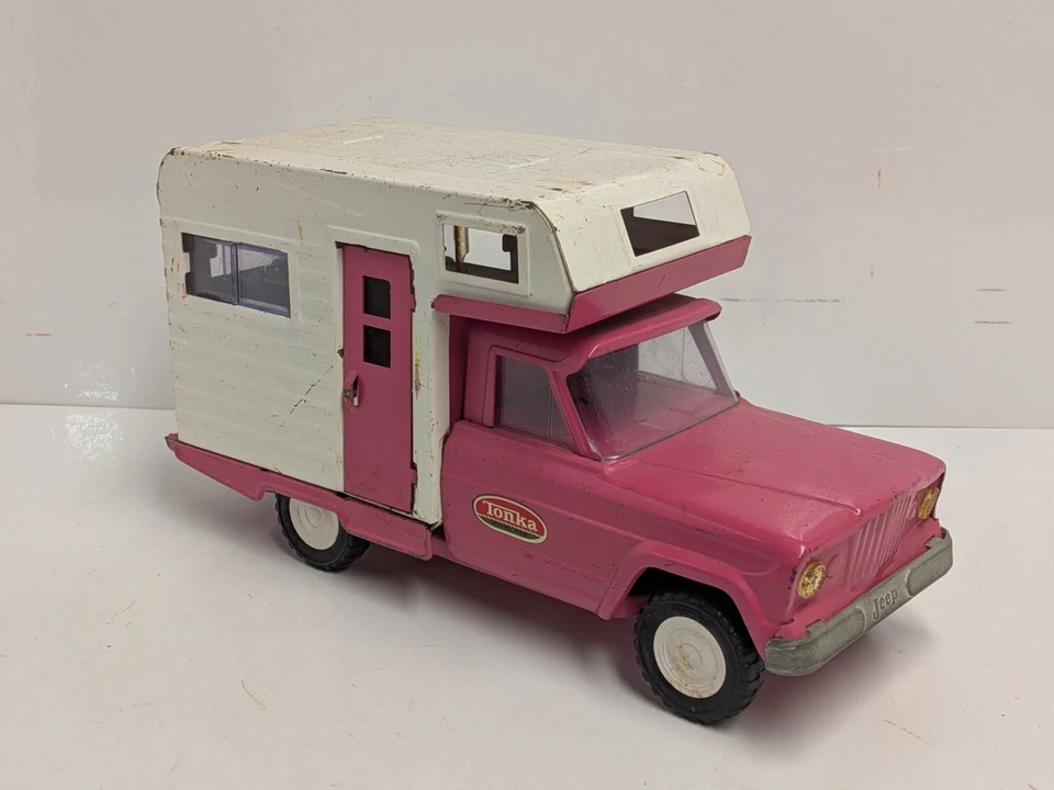 Vintage 1960's Tonka Jeep Camper Pink Pressed Steel Truck and Camper - Image 1 of 4