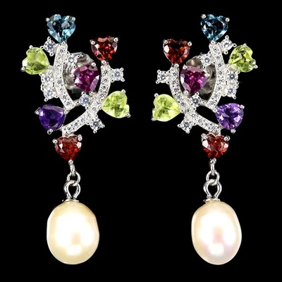 925 Sterling Silver Earrings Heart Amethyst Peridot Topaz Pearl Gemstone Jewelry - Image 1 of 4