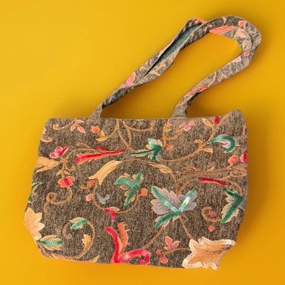 Bolsa de ombro vintage tapeçaria floral paisley lantejoulas tecido alça dupla - Imagem 1 de 4