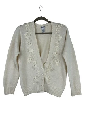 Cardigã vintage De Rotchild tamanho M de seda com miçangas à mão década de 1960 botões de pérola falsa angorá - Imagem 1 de 4