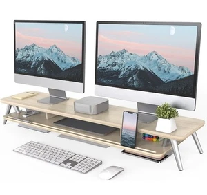 Fenge 108cm Dual Monitor Stand Riser, Oak Wood Shelf with Cable Organizer - Picture 1 of 6