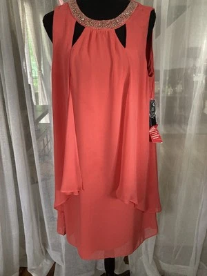 全新带标签 SLNY 无袖亮片串珠派对鸡尾酒珊瑚色女式连衣裙 14 码 — 第 1/4 张图片