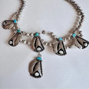 Vintage Indianer Navajo Silber Türkis Perlen Halskette Kürbisblüte - Bild 1 von 12