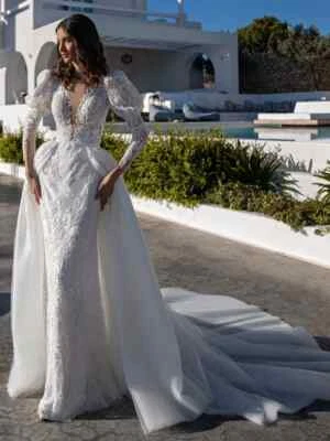 Elegantes vestidos de noiva sereia com apliques de trem destacáveis vestidos sem costas - Imagem 1 de 4