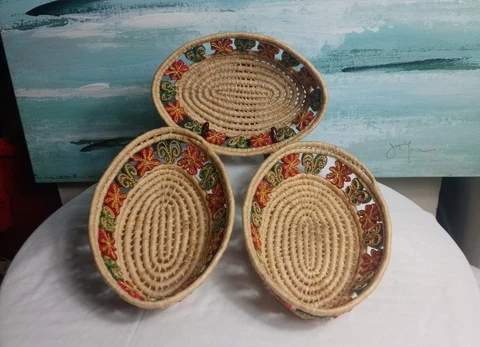Vintage Woven Rattan Raffia Boho Bread Basket Hippie Retro Decor Set Of 3 Cover