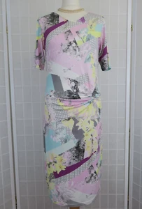 Basler Dress Size 12 Pink Grey Yellow Floral Twist Knot Short Sleeves V Neck - Picture 1 of 16