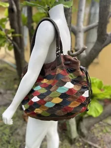 LUCKY BRAND *RARE* PATCHWORK FISH-SCALES Large Suede Drawstring Bucket Bag - Picture 1 of 13