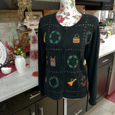 Cárdigan Suéter Mediano Dressbarn Vintage Apliques Lentejuelas Navidad Cremallera Completa Foto 1 de 4