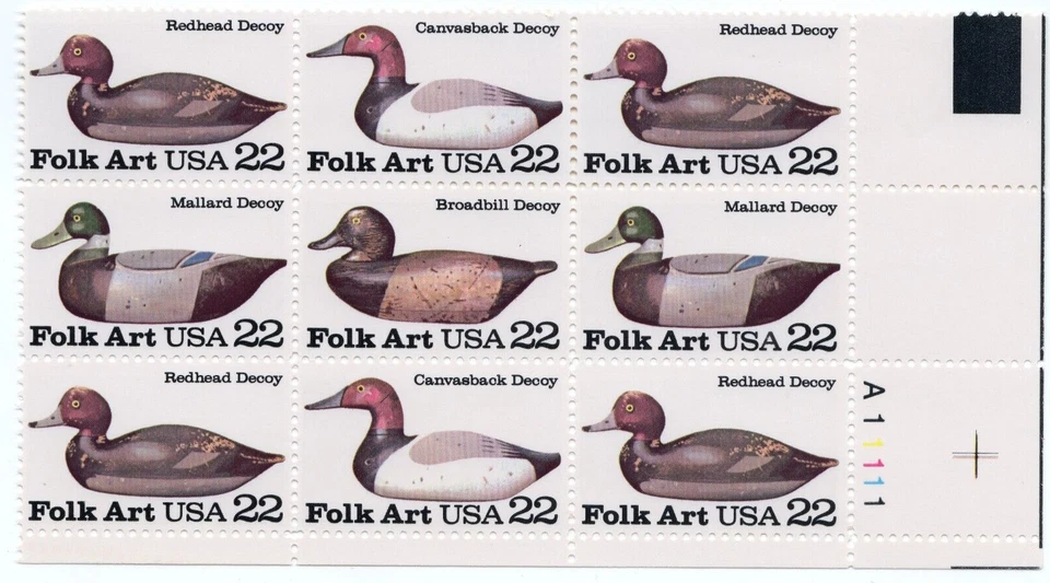 Scott #2141a (3138-41) Duck Decoys Plate Block of 6 Stamps - MNH P#A11111 - Image 1 of 1