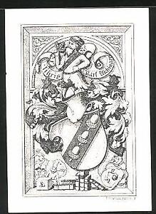 Exlibris Karl Uichinger, Bamberg, Wappen mit Ritterhelm und König 