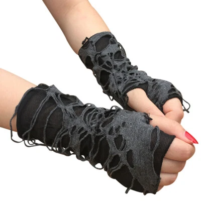 1 Pairs Womens Punk Fingerless Gloves Gothic Arm Warmer Halloween Cosplay Props - Image 1 of 4