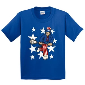Abraham Lincoln Playing Lacrosse Funny 4th of July Lacrosse Blue T-Shirt (Youth) - Picture 1 of 2