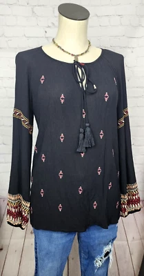 Blusa Sundance Borlas Bordado Puños Elásticos BOHO Western Campesina Tribal M Foto 1 de 4