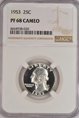 1953 Washington Quarter Proof NGC PF 68 CAMEO PR68CAM Frosty Coin 25C - Image 1 of 2