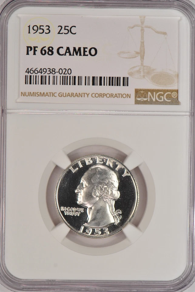 1953 Washington Quarter Proof NGC PF 68 CAMEO PR68CAM Frosty Coin 25C - Image 1 of 2