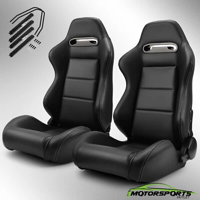 1 Pair Universal Classic Plain Black PVC Leather Easy Reclinable Racing Seats - Image 1 of 4
