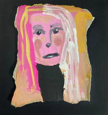 Woman Portrait Painting Original Naive Grungy Outsider Art Pink Yellow Miz Katie - Image 1 of 4