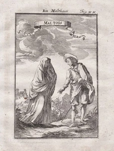 Malta trajes malteses traje tradicional mazo grabado en cobre grabado 1719 - Imagen 1 de 1