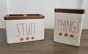 NEW! Rae Dunn Ceramic & Wood Pumpkin FALL Bathroom Set of 2 STUFF THINGS Jar Lid - Picture 1 of 12