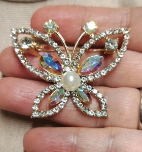 Schmetterling Brosche AB & klar Strass goldfarbene Anstecknadel 2" Kunstperlen funkelnd - Bild 1 von 10
