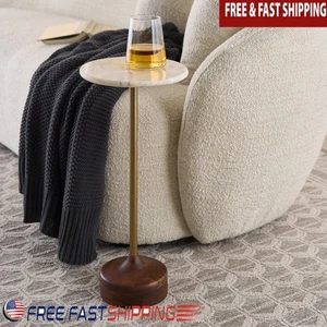 Marble Top Drink Table W/ Brass Stand End Table Living Room Accent Decor New - Picture 1 of 7