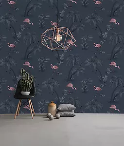 Holden Decor Flamingo Lake Midnight Blue Pink Wallpaper 12382 - Picture 1 of 2