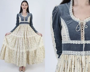 Vintage Gunne Sax Blue Velvet Dress Corset Renaissance Fair Floral Prairie Gown - Picture 1 of 8