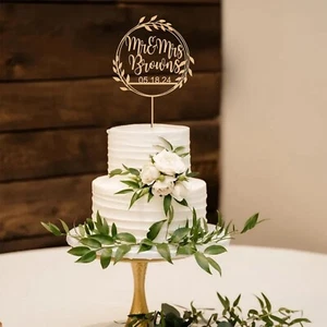 Personalised Wooden Wedding Cake Topper Wreath Design with Anniversary Date UK - Picture 1 of 13