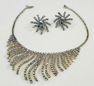 Vintage AB Rhinestone GLITZ Necklace & Clip On Earring SET Gold Tone - Picture 1 of 12